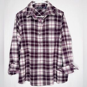 Lands Ends Womens Purple Plaid Quarter Button Down Shirt Sz 2X Stretch Flowy